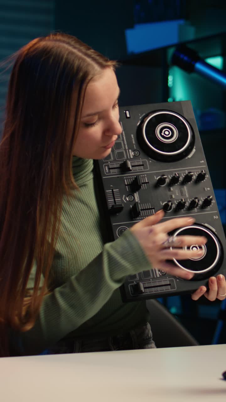Jonge vrouw demonstreert DJ-mixercontroller in studio