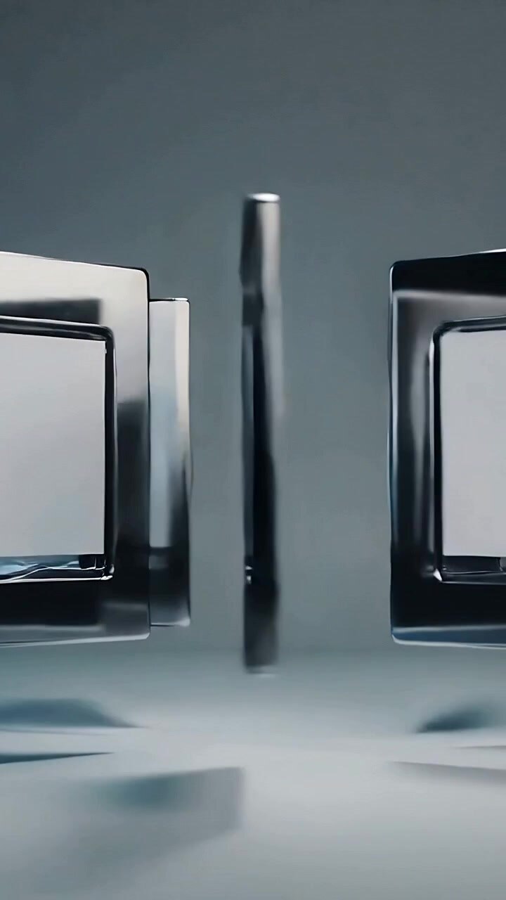 Vertical video: Rotating metal frames and slim bar hovering in grey studio, loop starting