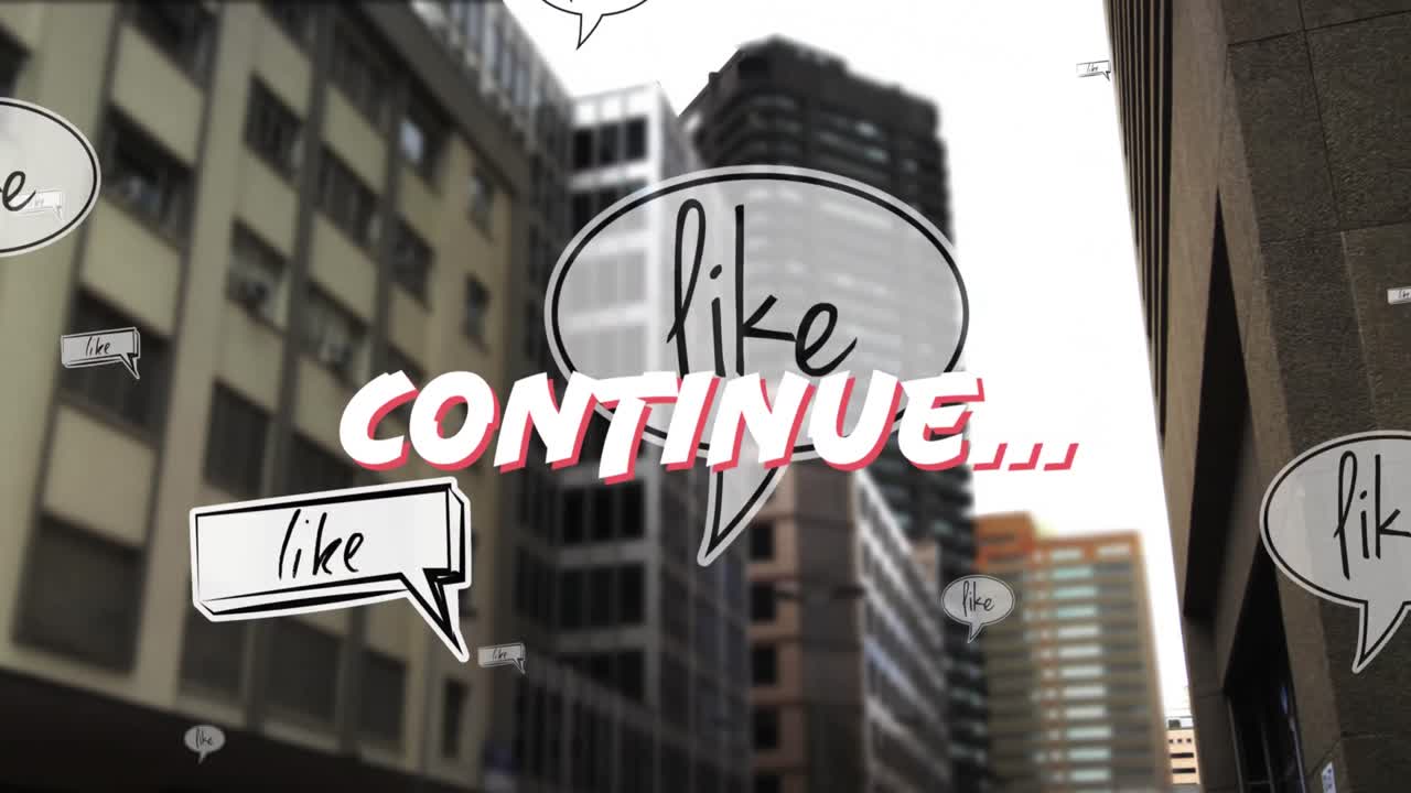 animación de texto similar y continuo en letras blancas sobre el paisaje urbano sobre fondo blanco