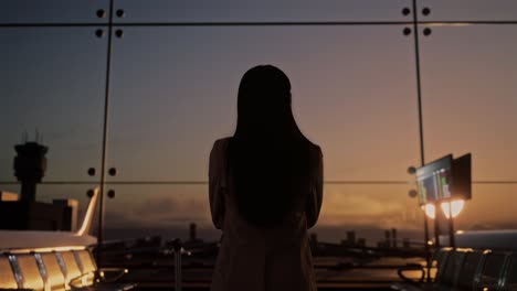 back view of asian businesswoman with rolling suitcase in boarding lounge at the airport, crossing her arms and looking around while waiting for flight, airplane takes off outside the window