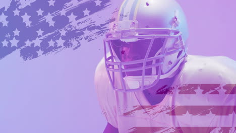 animation of african american american football player and flag of usa