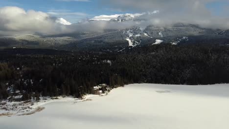 Pine-Woods-and-Snow-Capped-Peaks,-Whistler,-Vancouver,-British-Columbia,-Canada