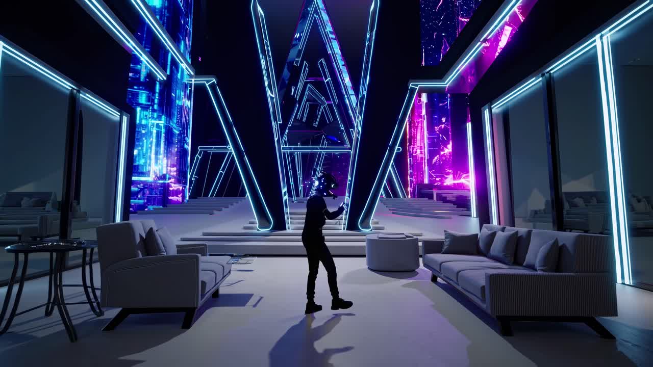 Futuristic video concept of a person with a glowing head in a modern living room
