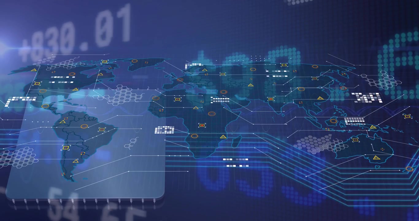 Animation of financial data processing over dark background