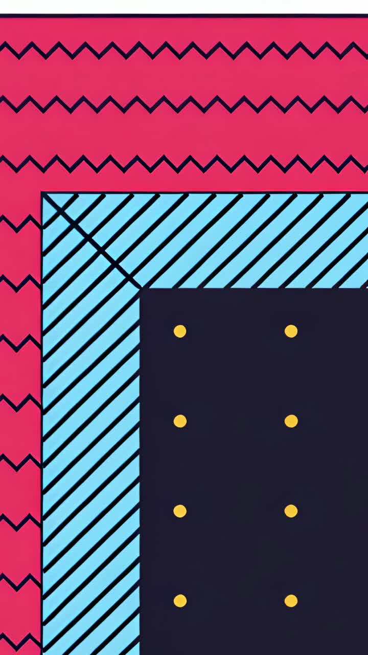 Vertical video: Sliding navy and rotating teal rectangles over magenta zigzag with yellow dot grid