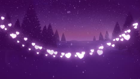 animation of snow falling over christmas fairy lights with fir trees in background
