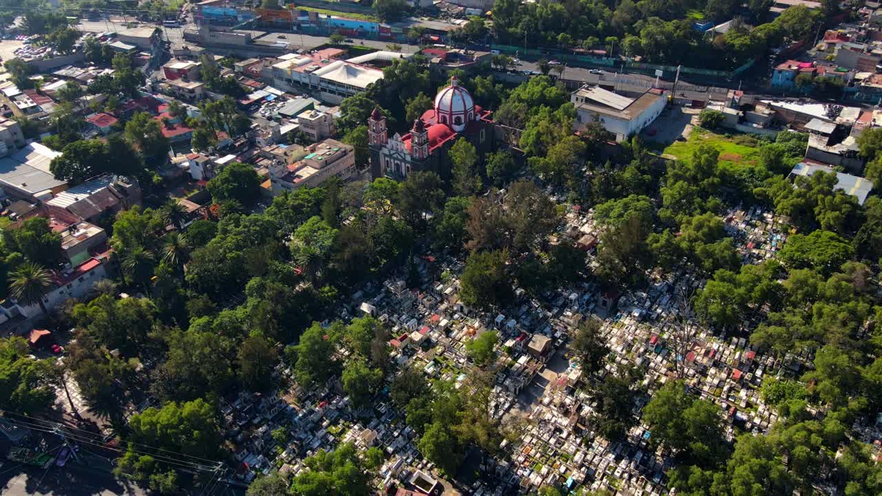 Dolly out bird's eye view of the Cathedral and the General Pantheon of Iztapalapa on a sunny day, CDMX