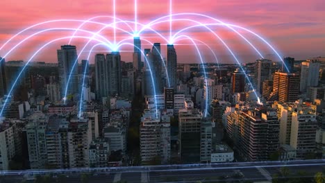 drone shot showing blue digital arches connecting metropolis of buenos aires during sunset - future concept with skyscraper buildings and towers in city - data traffic, modern communication and wifi