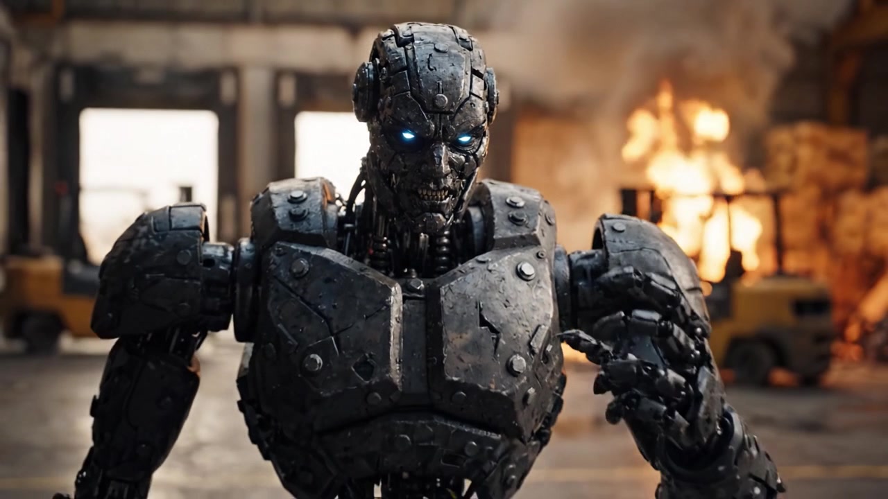 Et fryktinngytende robotvesen står i et lagermiljø, som viser intrikate metalliske detaljer og glødende blå øyne midt i industrielt kaos og flammer.