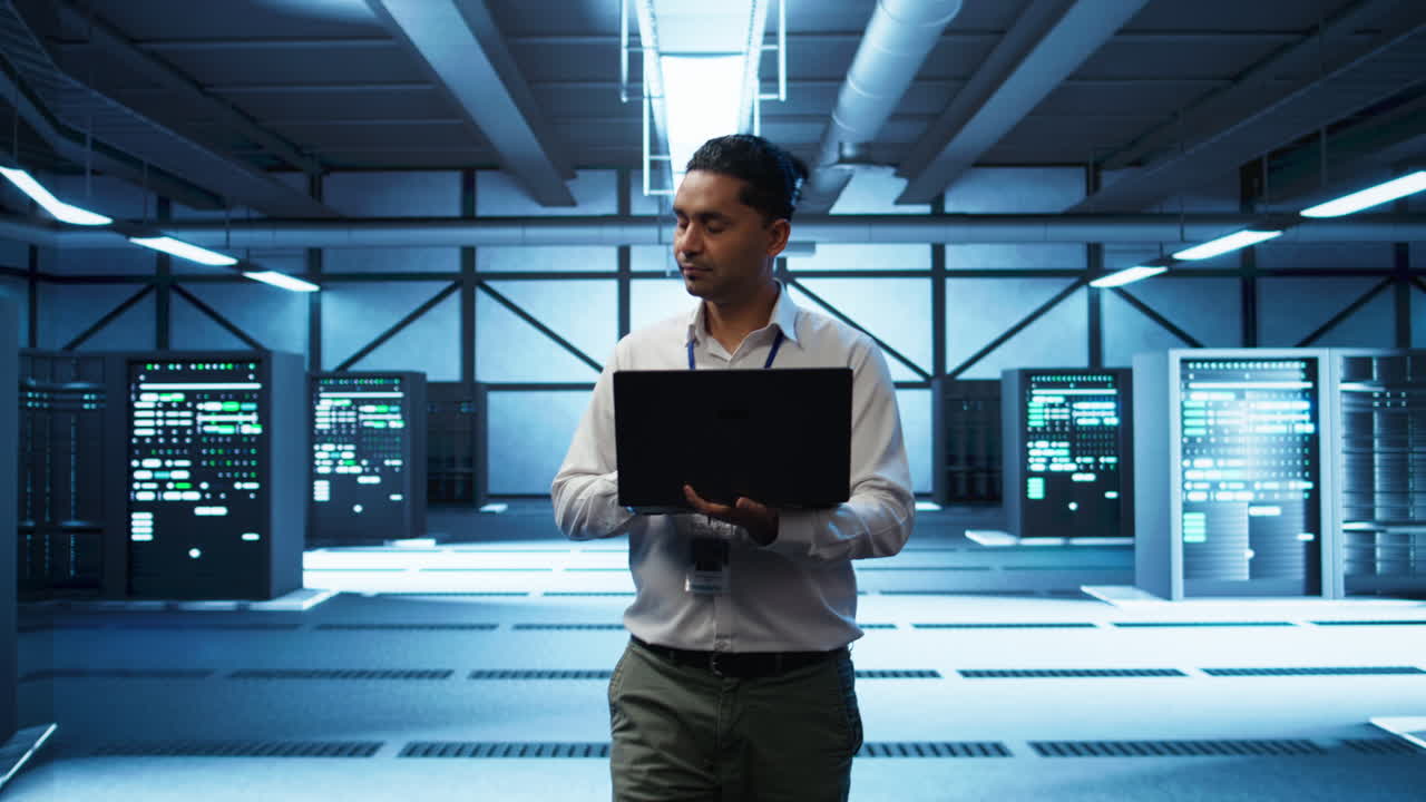 Technician using laptop in data center, managing servers