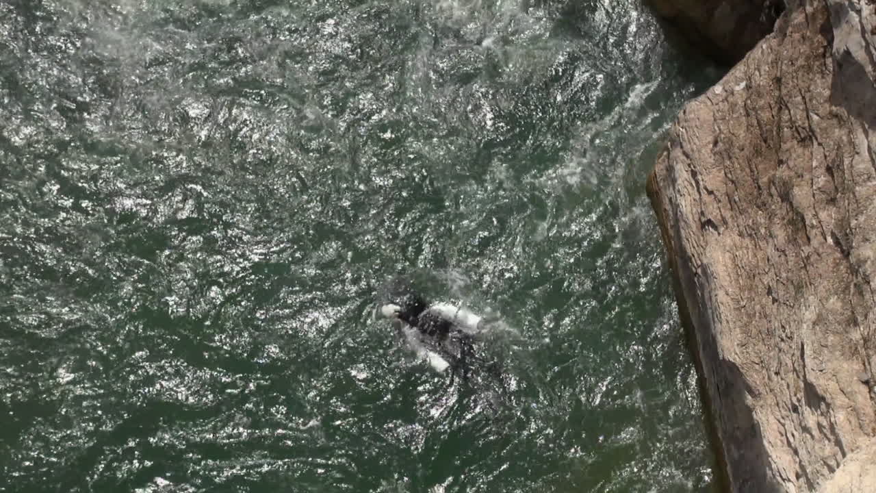 사이드 마운트 테크 스쿠바 다이버는 고류 혼란스러운 강에서 스쿠터를 사용합니다