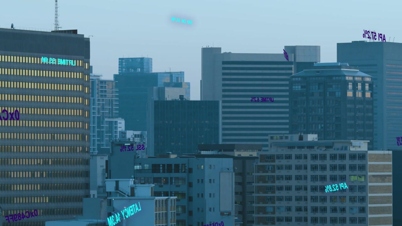 Skyline del centro città che mostra tag metrici ciano fluttuare sui tetti all'alba per il monitoraggio della rete.