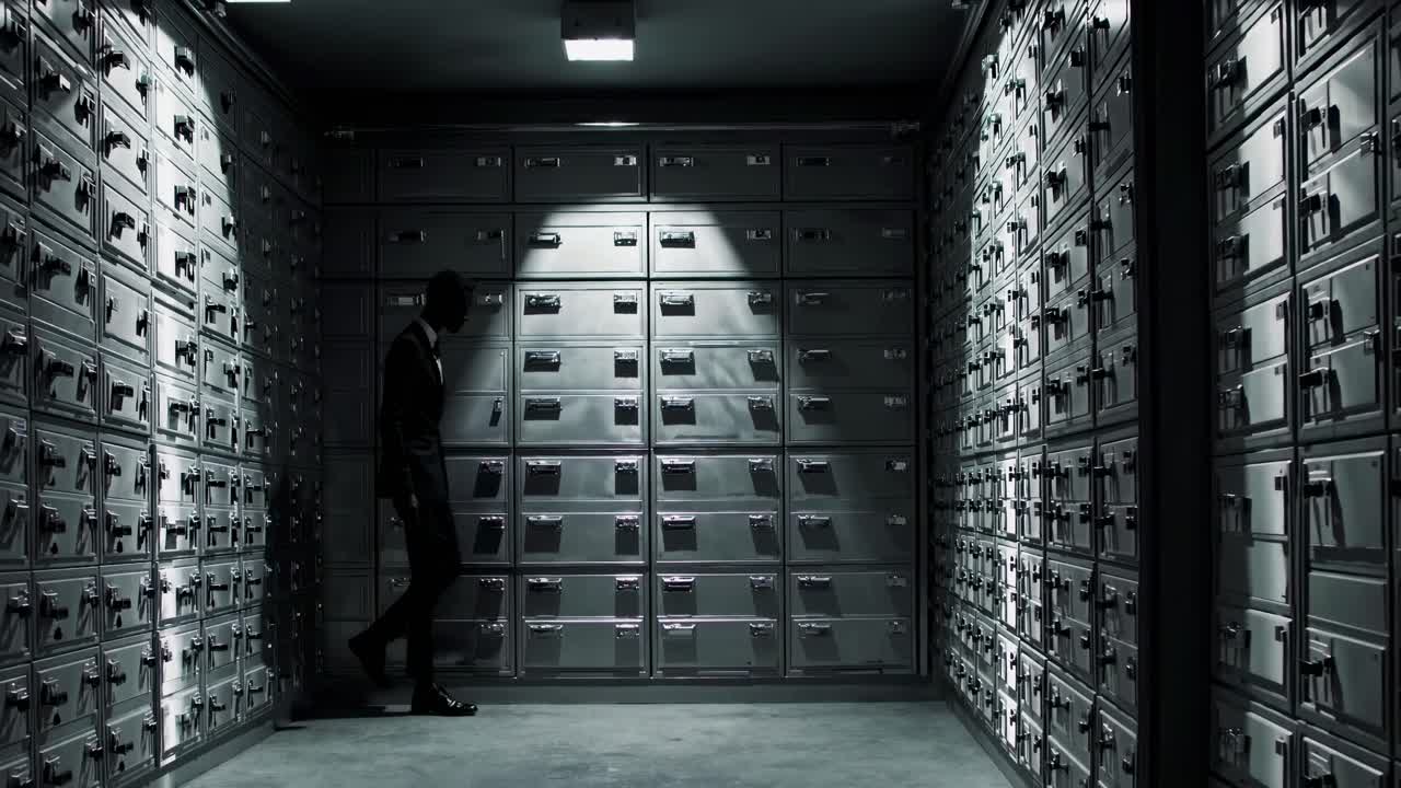 A dramatic, low-angle video shot of a silhouetted man walking in a dimly lit vault filled