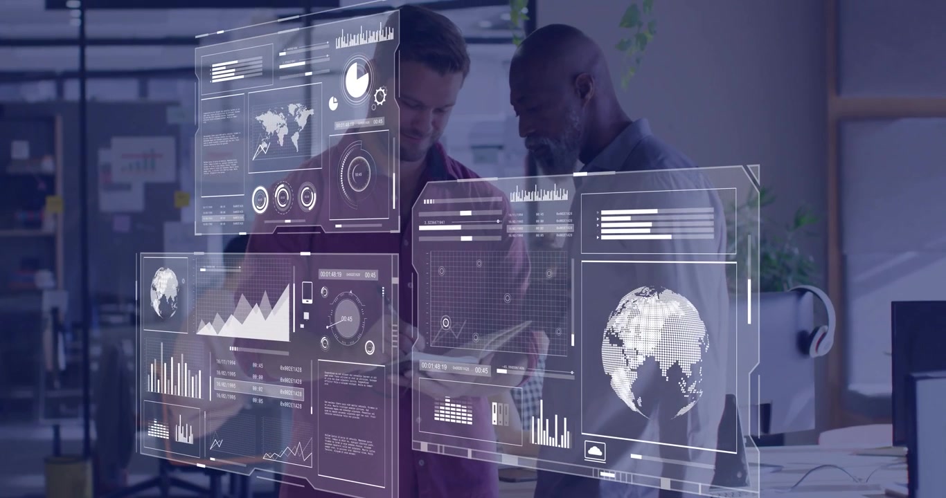 Two analysts activating holographic data panels tapping zooming charts for analytics review
