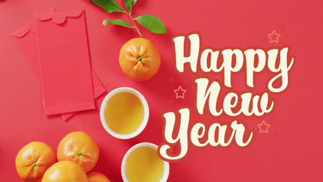animación de saludos de año nuevo texto sobre decoración tradicional china de naranja en fondo rojo.