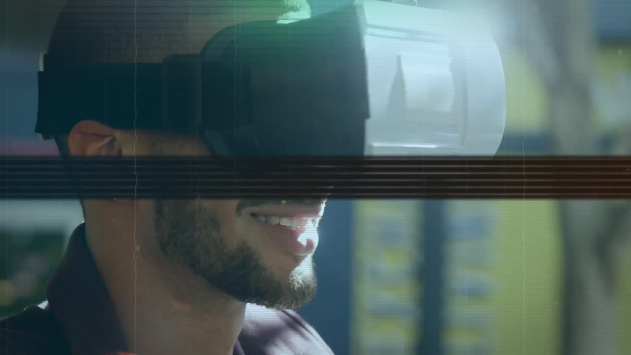 animación de rastros de luz verde brillante sobre el hombre que usa auriculares vr