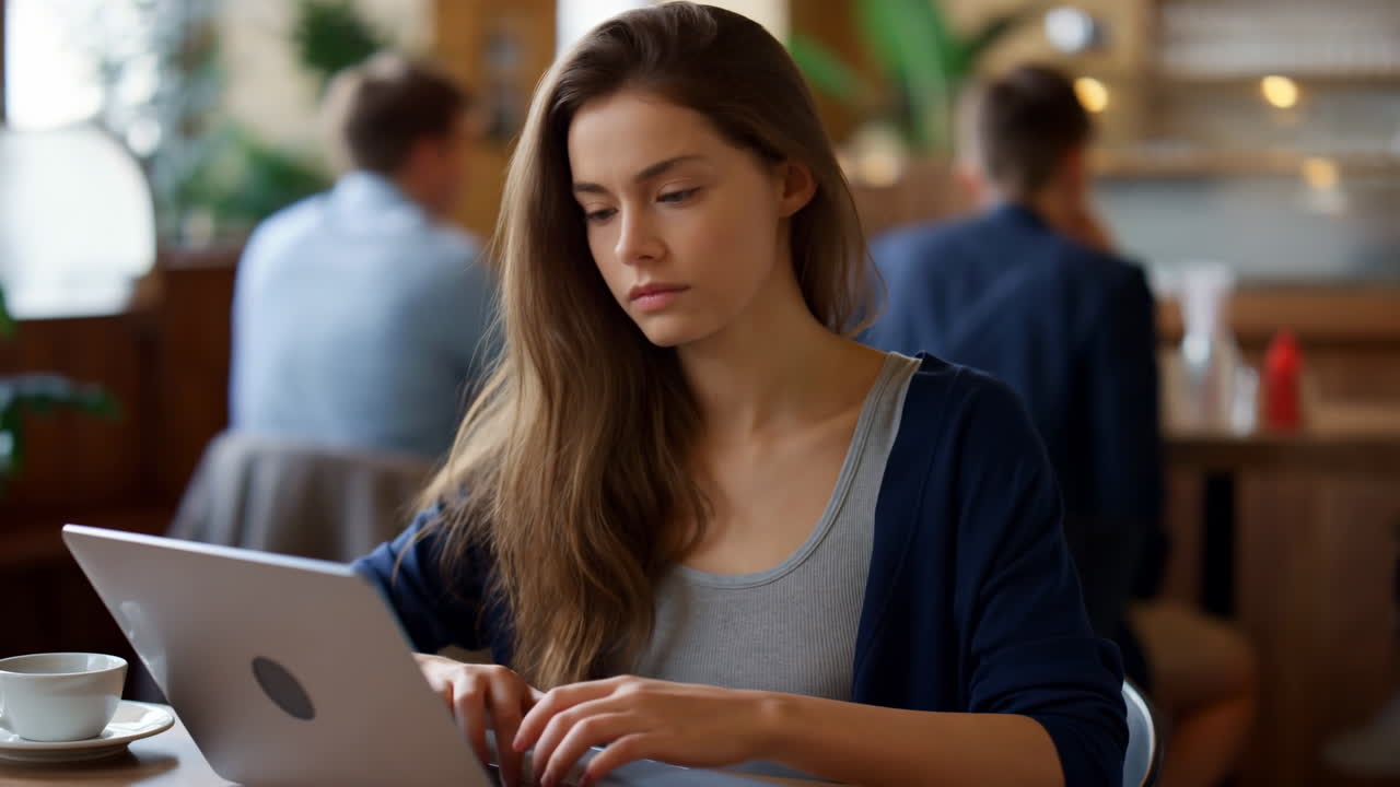 Young Woman On Laptop In Cafe, Focused On Typing And Multitasking, Sipping Coffee On Wooden Table, Blurred