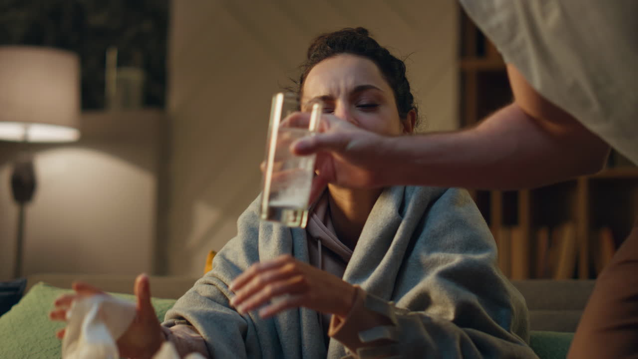 남자가 물을 가져오고 코가 흐르는 아픈 여자가 집에서 소파를 가게 들고 있습니다.