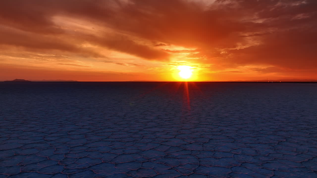 Patrones geométricos creados en la superficie azul de la tierra. El sol se pone en el espectacular salar de Bonneville, Utah, Estados Unidos.