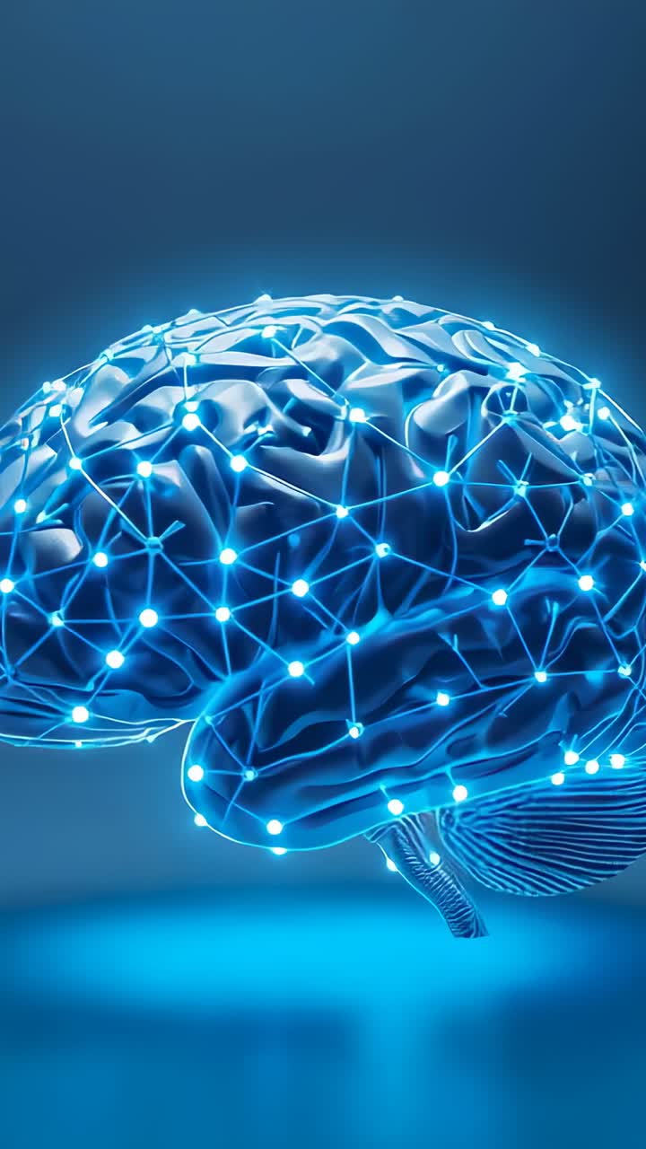 Vertical video: Opening 3D brain showing pulsing neural nodes, glowing lines in digital environment