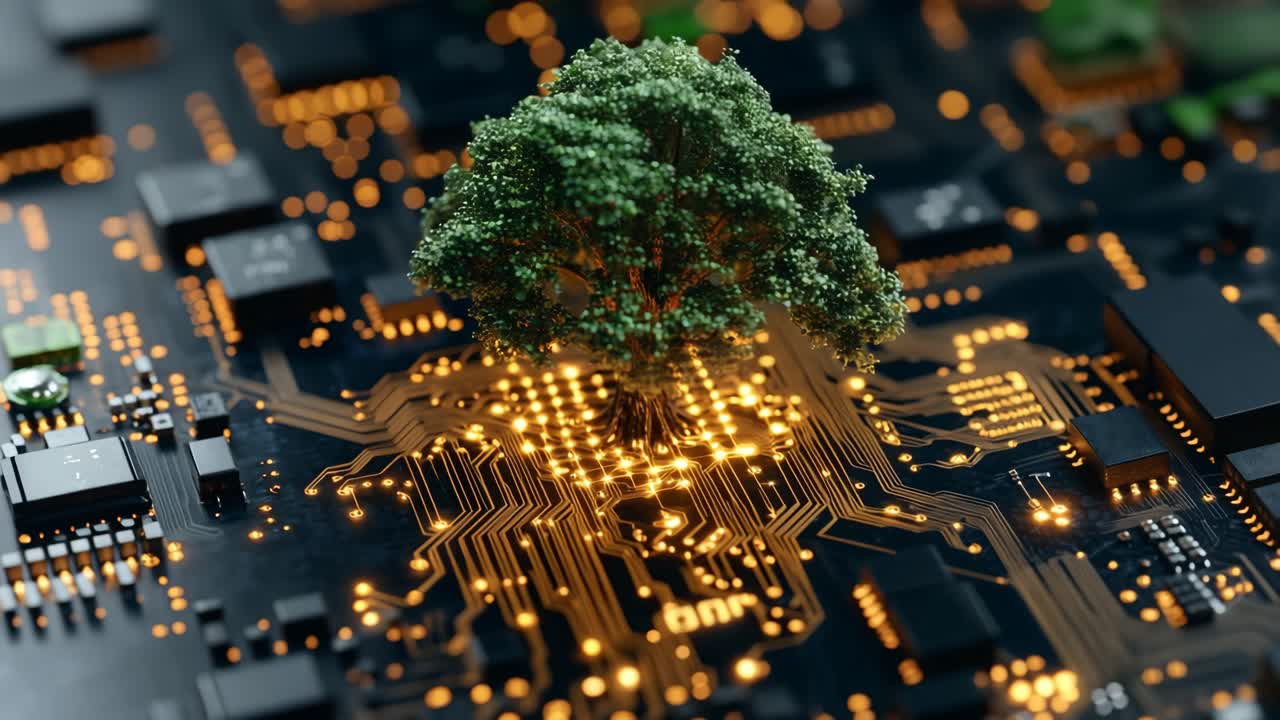 Tree on circuit board. A green tree stands prominently on a dark circuit board, highlighting the harmony between nature and technology.
