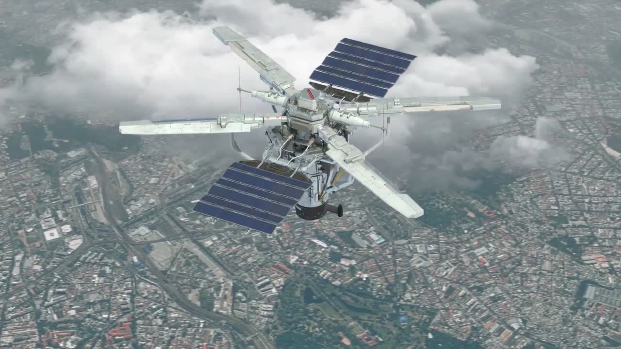 satélite en órbita de una ciudad, mostrando el paisaje urbano de la tierra.