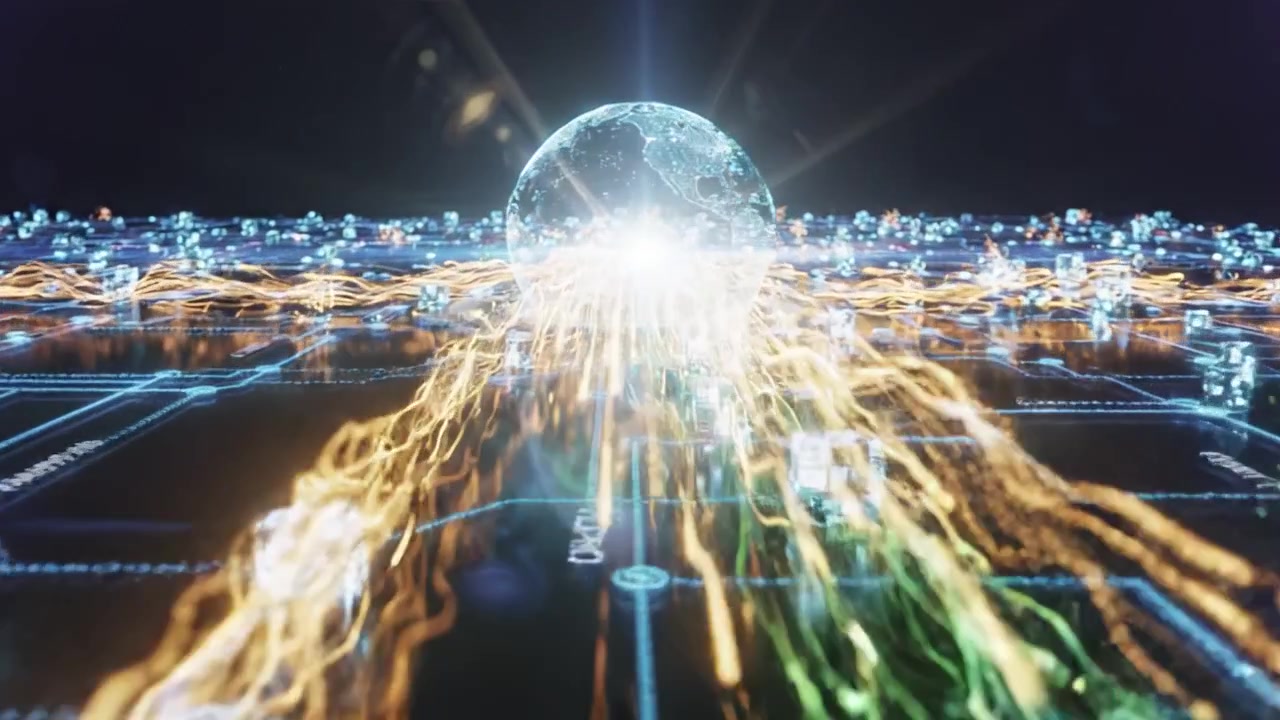 En høyteknologisk visualisering av et digitalt nettverk som kobles til en futuristisk globus, som fremhever dataflyt og avansert tilkobling i et virtuelt miljø