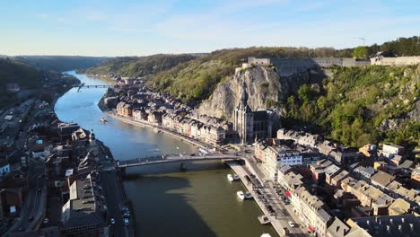 Wide-aerial-view-of-Dinant,-Belgium-on-a-bright-summer-day