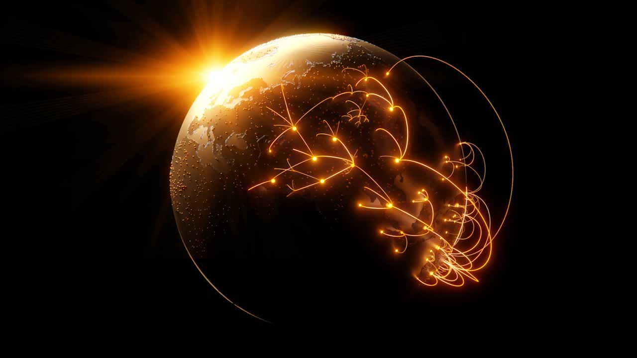 la globalización tecnológica de la tierra en animación 3d. puntos de negocios globales en un planeta giratorio.