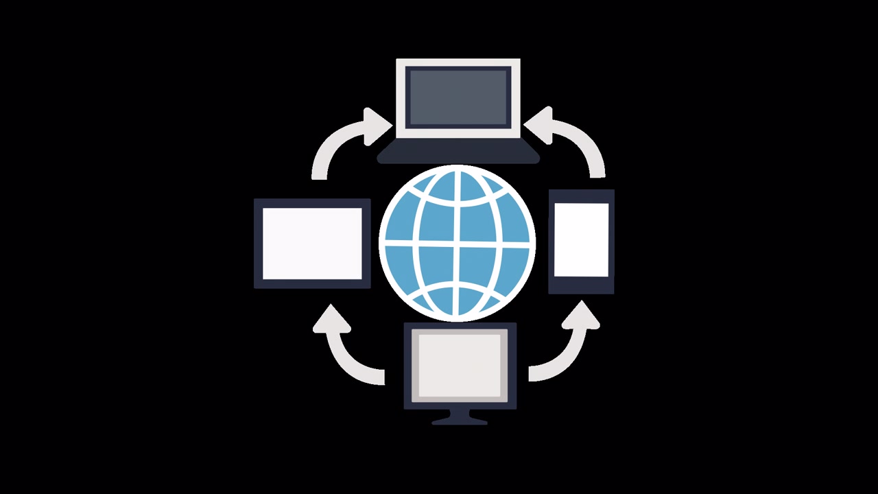 Animacja w stylu flat design przedstawiająca różne urządzenia cyfrowe łączące się z globalną siecią