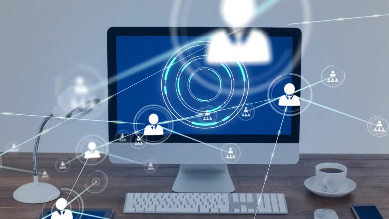 아이콘과 컴퓨터를 통해 범위 스캐닝과 연결 네트워크의 애니메이션