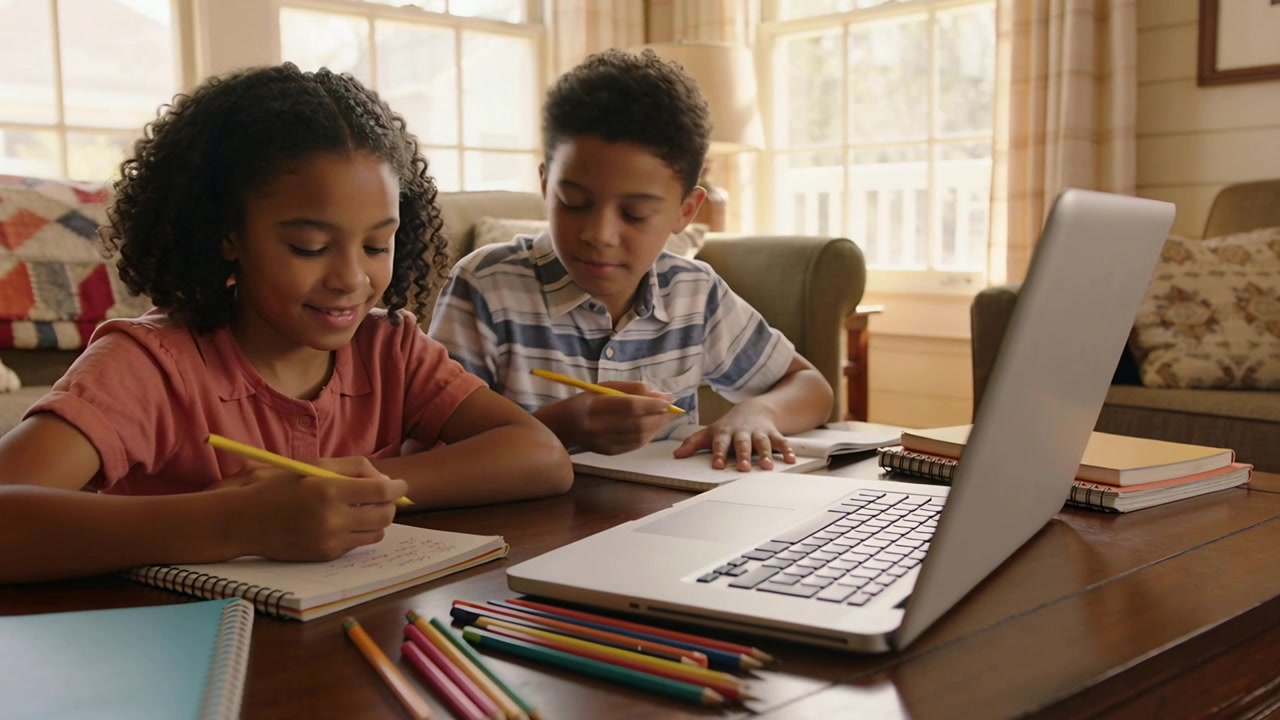 Pointing brother sister pressing laptop key both writing books in short sleeves at home for school