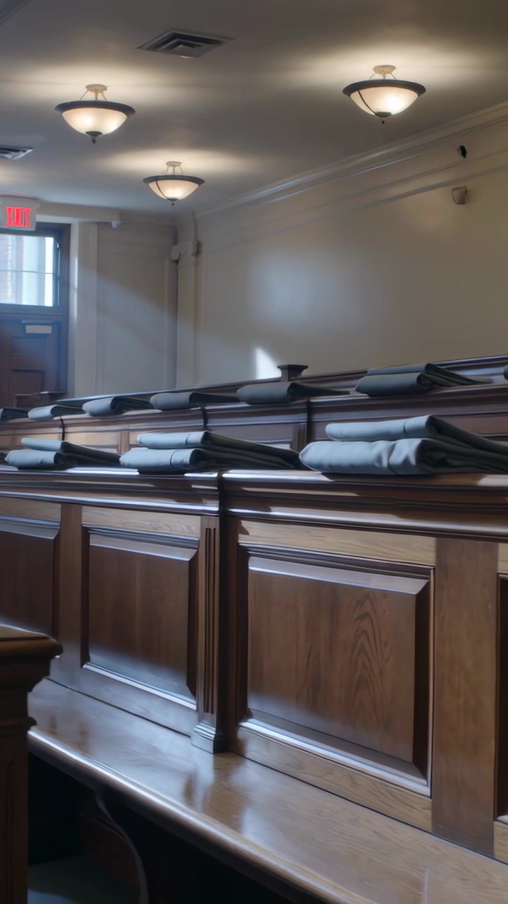 Video vertical: Cámara haciendo un paneo que revela bancos de madera pulida en una capilla, mostrando togas dobladas.