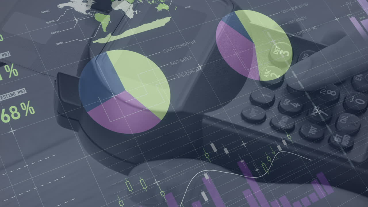 animación de gráficos y datos financieros sobre la mano de un hombre caucásico que posee un terminal de pago