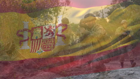 animation of flag of spain over diverse soldiers with armour