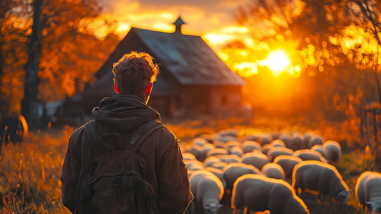 Shepherd with flock at golden sunset. A shepherd guides his flock of sheep near a barn as the sun sets, creating a warm golden glow across the scene