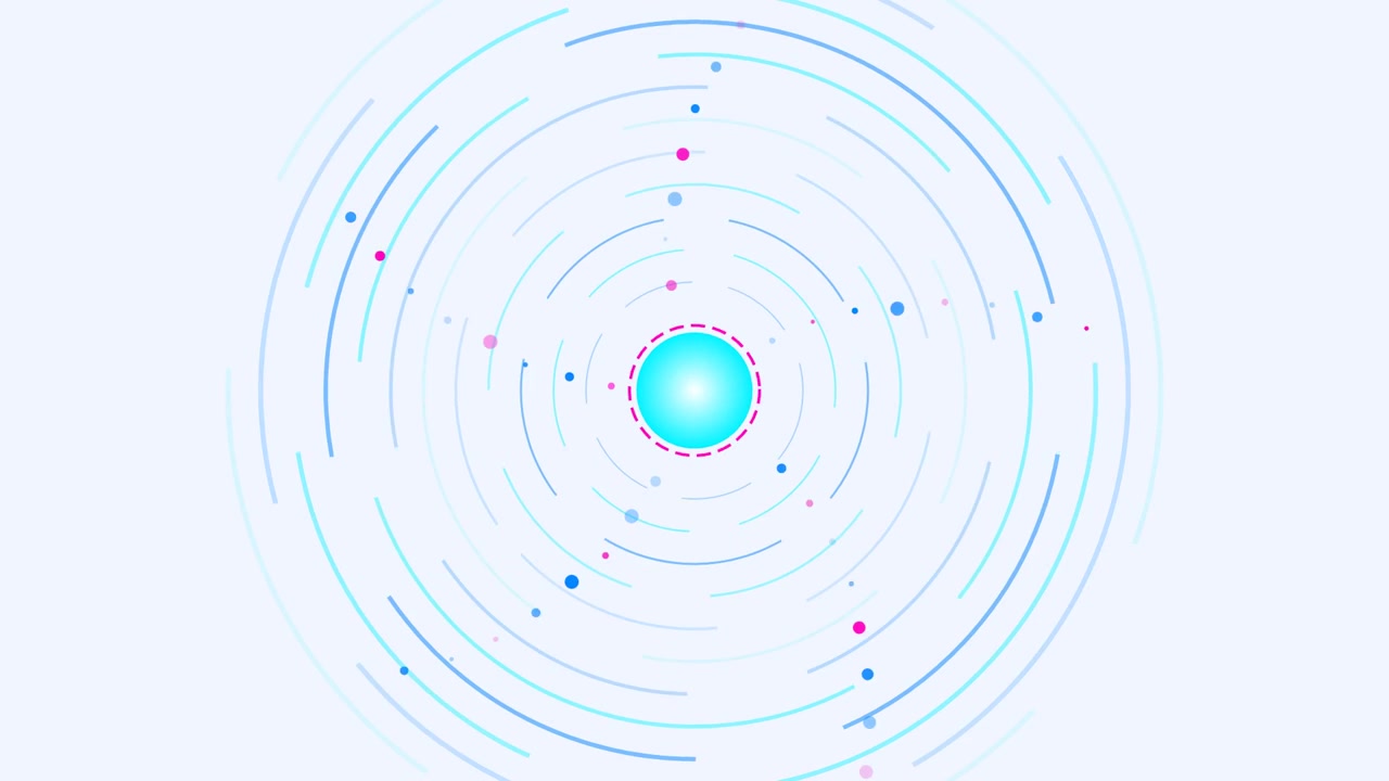 Grafica in movimento astratta di un nucleo luminoso con particelle in orbita.