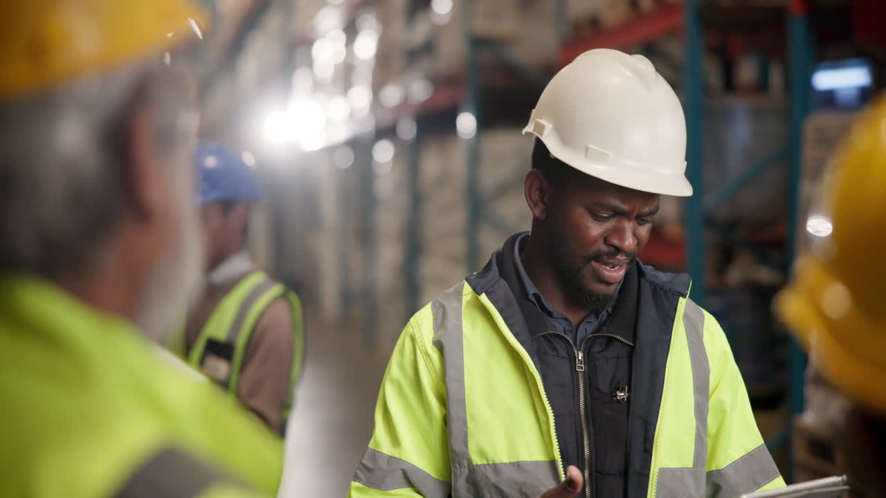Warehouse workers discussing logistics and inventory
