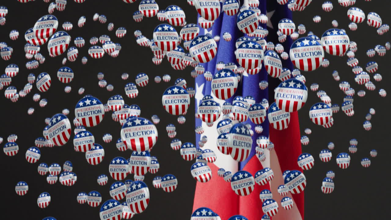 Animation of falling american election badges and american flag on black background