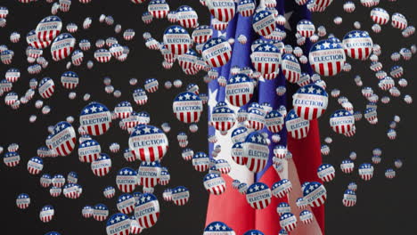 animation of falling american election badges and american flag on black background