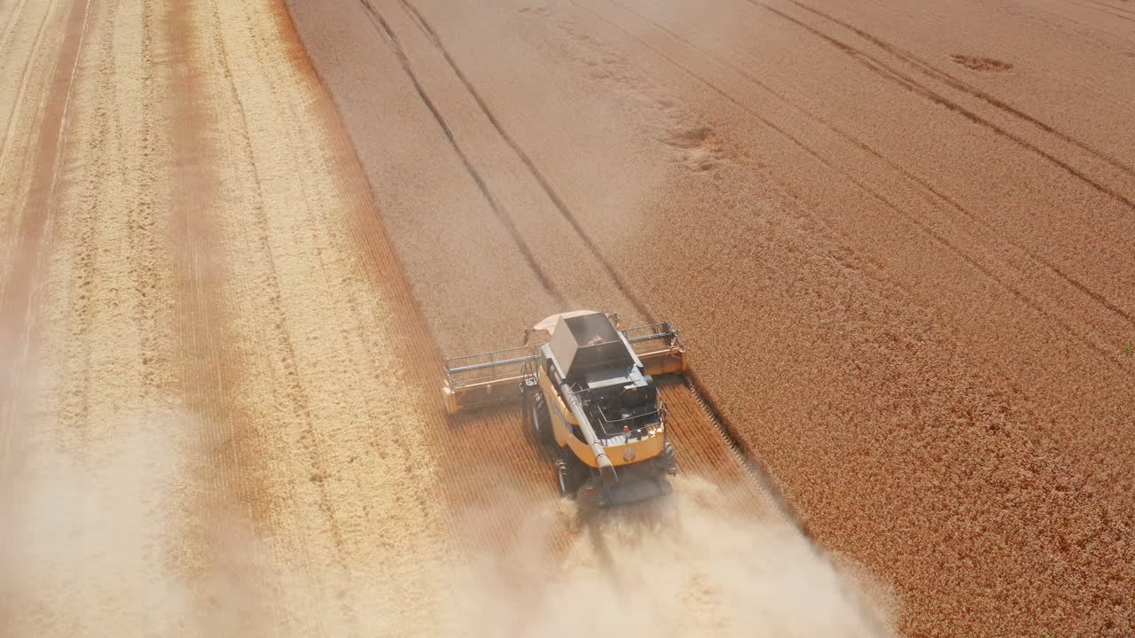 New modern combine harvester mowing dry wheat in the field. Yellow agricultural machinery picking crops on the harvesting season.