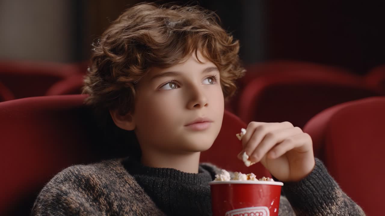 Enjoying a Snack: A Young Moviegoer Savoring Every Moment in a Theater with Popcorn, Enthralled by the Experience of Watching a Film