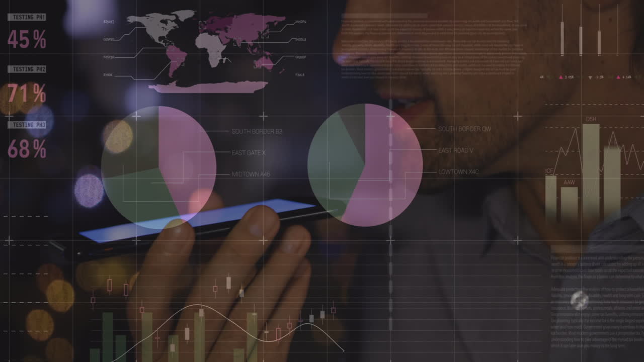 Animation of statistical data processing against caucasian man talking on smartphone at office