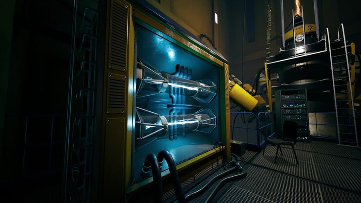 High tech laboratory equipment illuminated in a futuristic setting