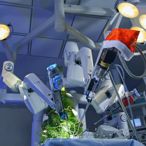 da vinci innovative surgical machine decorates the fir-tree. christmas tree under the futuristic robotic arms. view from below