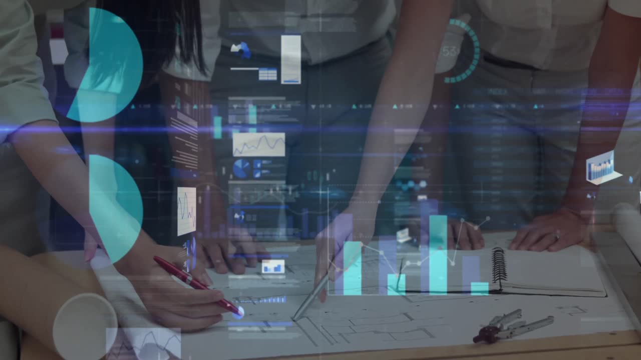 animación de estadísticas y procesamiento de datos financieros sobre empresarios en reuniones