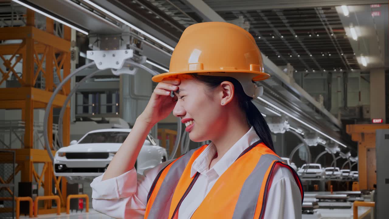 안전 헬을 착용 한 아시아 여성 엔지니어가 ev 자동차 공장에서 일하는 동안 두통을 고 있는 근접 측면 뷰