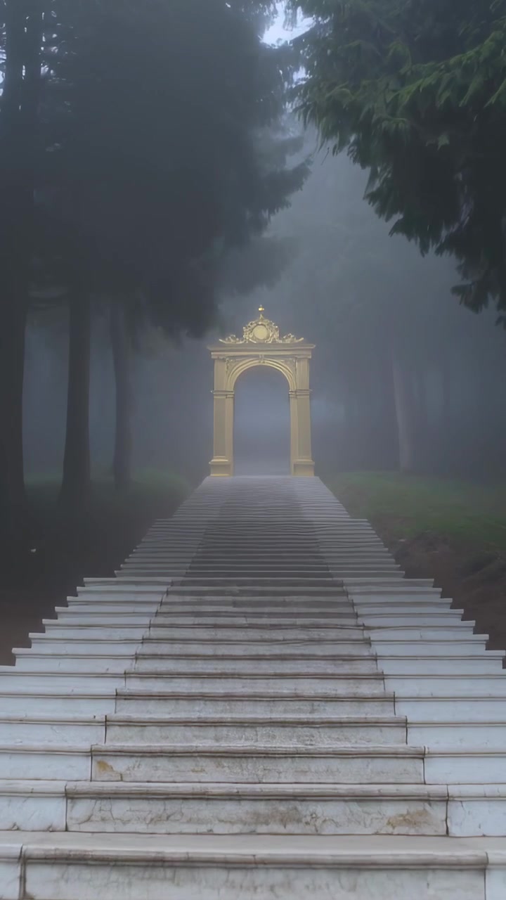 Video vertical: Cámara ascendente por una escalera de mármol blanco en un parque con niebla, buscando un arco dorado.