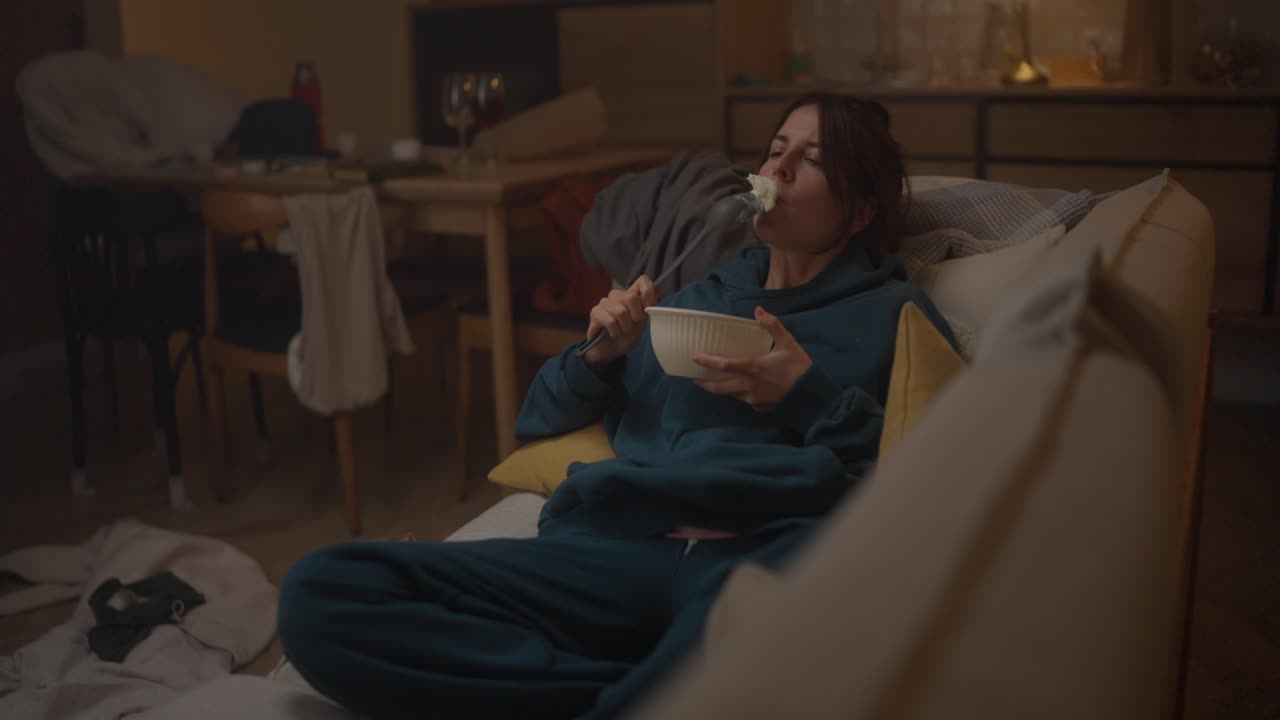 집에서 소파에서 먹는 여자