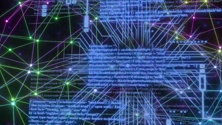 On data pulse neon neural network mesh pulsing, reconfiguring, layering code to visualize data flow
